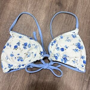 Floral Blue and White Bikini Top Coquette Size Small Padded Adjustable Ties